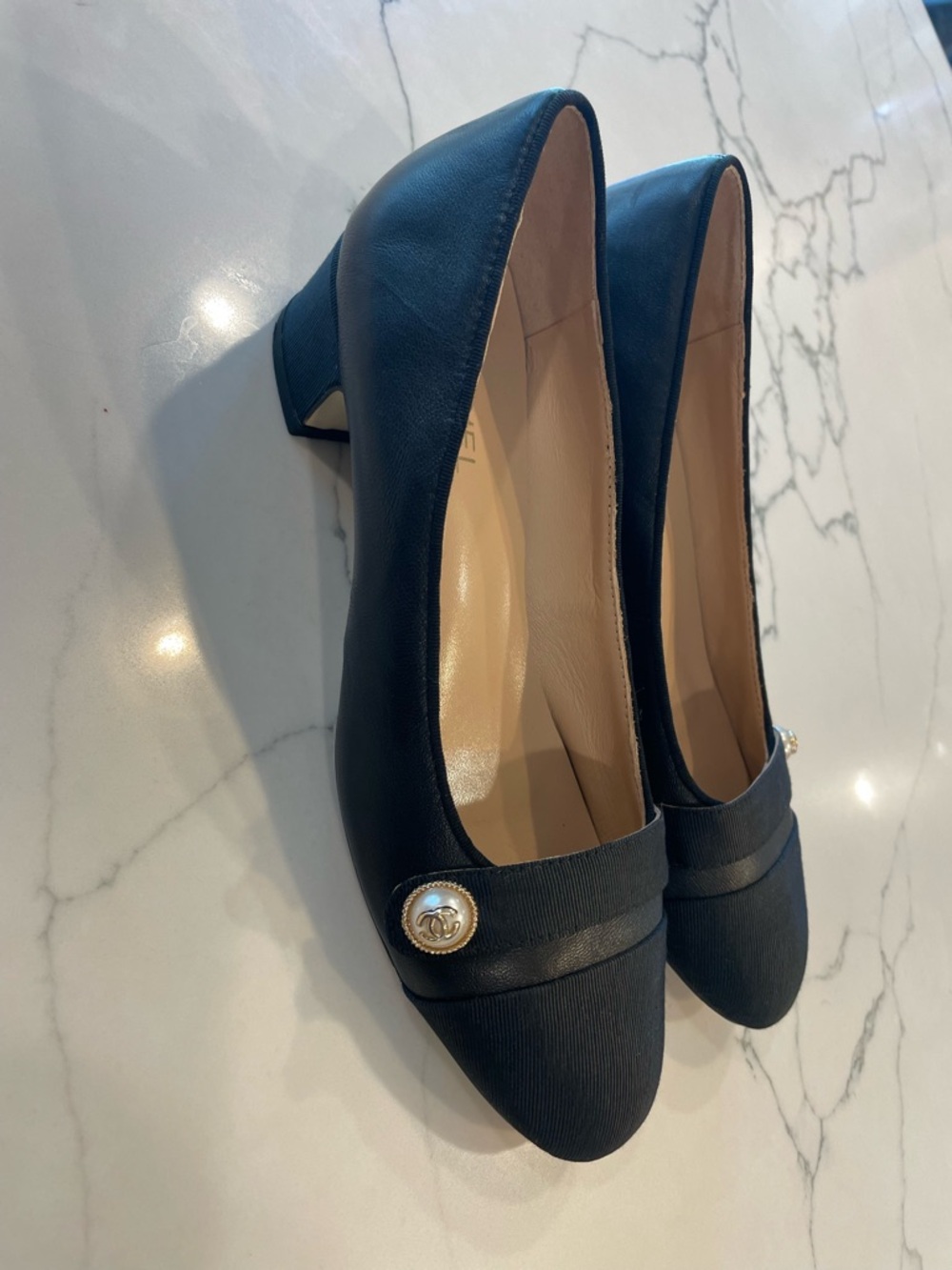 Chanel Black Leather Low Heel Pump Shoes